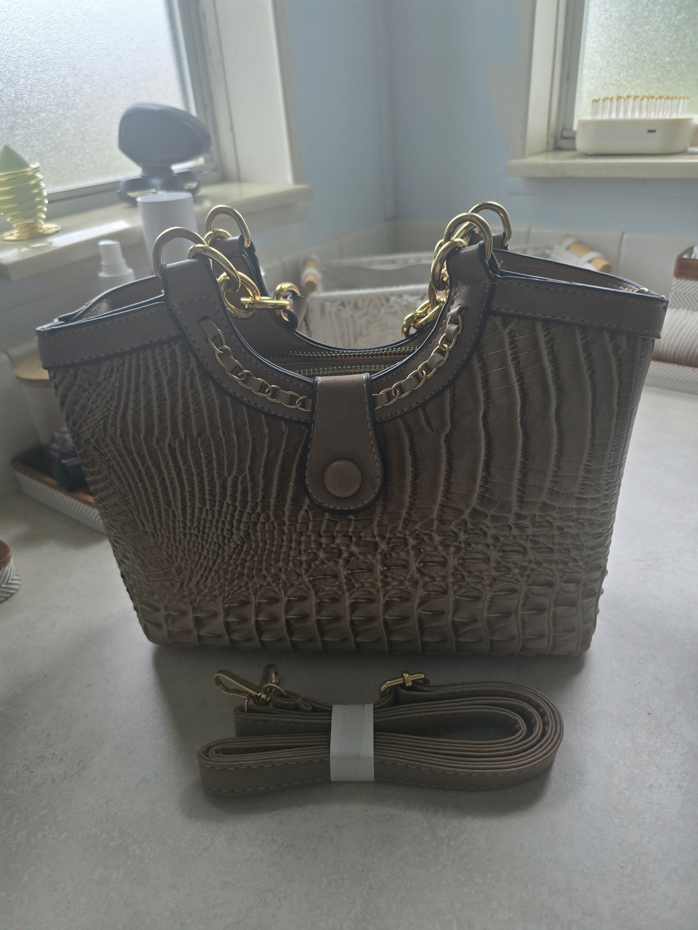 Women's Taupe Croc-Embossed Satchel Handbag with Gold Hardware